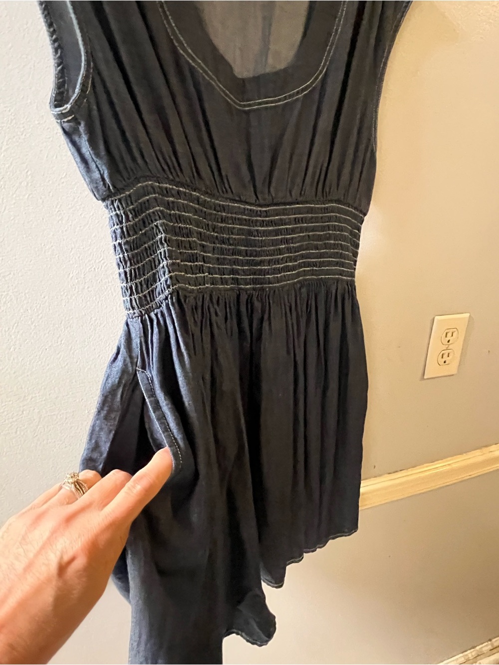 VENUS Slate Gray Denim Look Sleeveless Smocked-Waist Mini Dress - Picture 3 of 12
